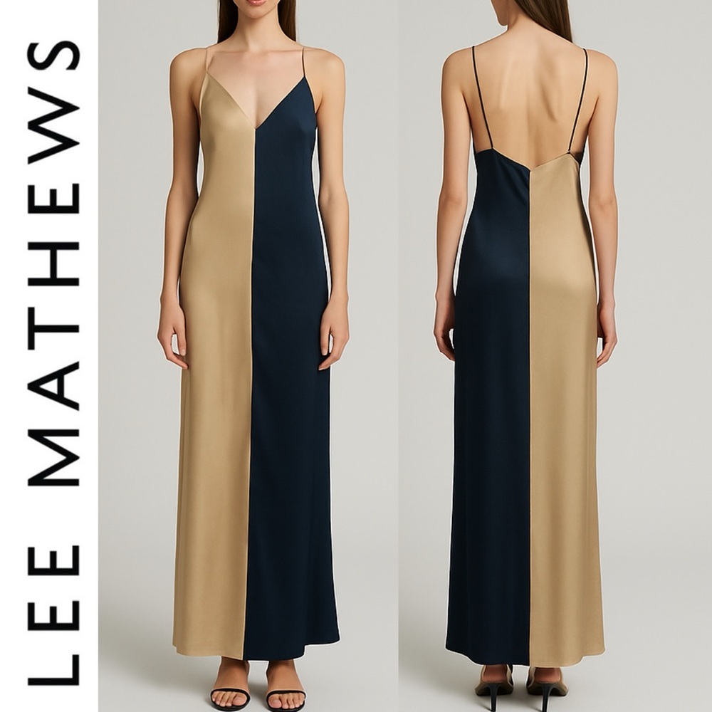 Lee Mathews slip dress 100% silk two tone color block spaghetti strap 2